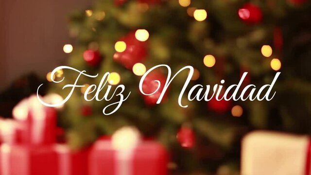 Animation of feliz navidad christmas greetings text over christmas decorations in background