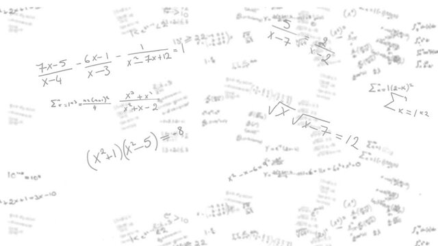 Animation of white spots over mathematical equations on white background