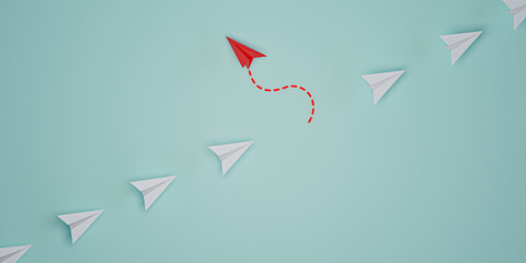 Red paper plane out of line with white paper to change disrupt and finding new normal way on blue background. Lift and business creativity new idea to discovery innovation technology. 3d render