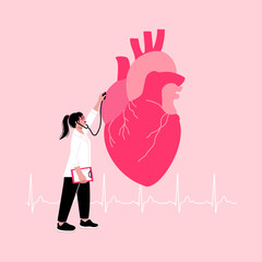 
Cardiologist examining heart rate. Female doctor holding chart listening to heart with stethoscope. Heart rhythm test in hospital, ekg medical test.
