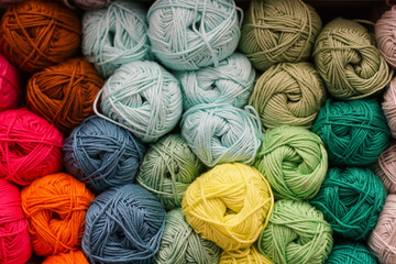 Colorful background of many yarn for handmade knitting. Knitting pattern