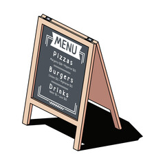 Menu board street. Vector 3d sketch line isometric, color icon illustration, flat style. Creative design idea and elements for infographics and website.
