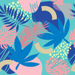 Fototapeta na wymiar Tropical jungle leaves and various shapes seamless pattern. Abstract Modern exotic jungle plants illustration on a blue background