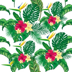 Tuinposter Vector summer tropical leaves and flowers seamless pattern. Trendy monstera leaves isolated © Lucky Project