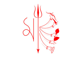 Durga eyes in red line art with weapons in hands 