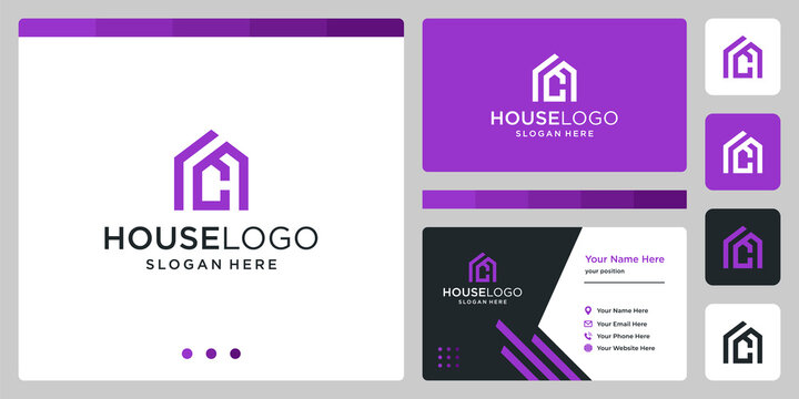 house building design logo with initials letter C. business card design