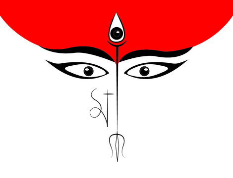 Durga With Black Line Art In Red Color Forehead