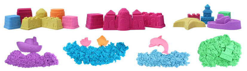 Set with different figures made of colorful kinetic sand on white background. Banner design © New Africa