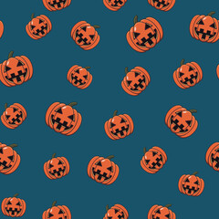Happy Halloween. Seamless pattern. Illustration of vector pumpkin on blue/green background. Flat design. Trick or treat. 