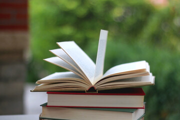 Stack of hardcover books in a garden. Selective focus.