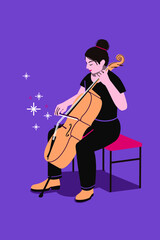 Cellist playing cello on stage. Female musician playing music. String instrument live performance. Solo show of focused cello player holding bow. 