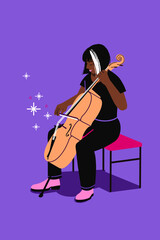 Cellist playing cello on stage. Female musician playing music. String instrument live performance. Solo show of focused cello player holding bow. 