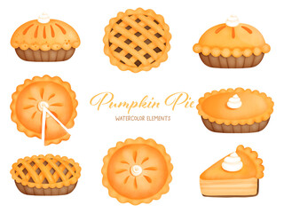 Digital painting pumpkin pie watercolor element. Vector illustration - obrazy, fototapety, plakaty