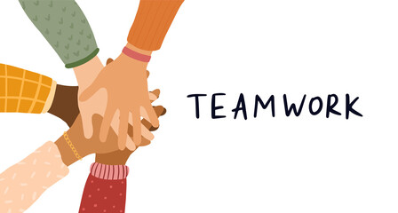 Banner with hands of different skin tone. Teamwork. United community. Vector illustration. Flat vector illustration.