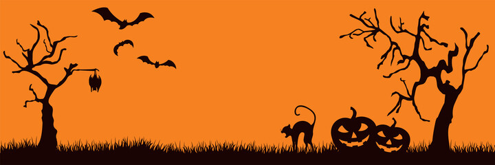 Halloween silhouettes. Spooky cat and two pumpkins near crooked trees and bats.