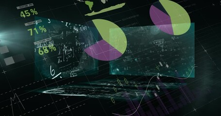 Animation of statistics and data processing with mathematical equations on screens - Powered by Adobe