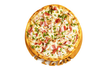 Pizza with bacon isolated on white. Top view.