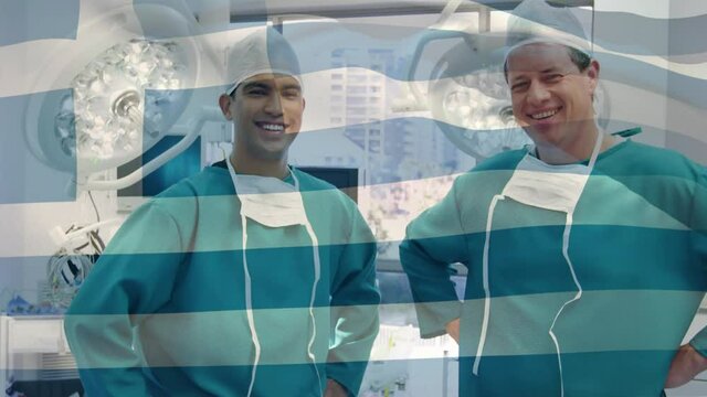 Animation of flag of greece waving over happy surgeons in operating theatre