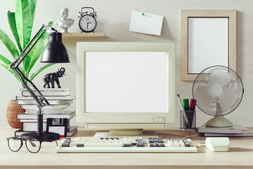 Old monitor on desk. Retro workplace mockup. 3D rendering