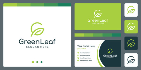 leaf growth logo with initials letter G and business card design template. vector premium