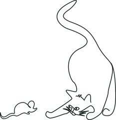 Cute and funny cat catches a mouse. A cat is playing with a mouse. Line art vector illustration.