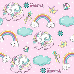 beautiful unicorns pop art on the clouds seamless pattern on a pink background