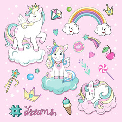 Set of beautiful unicorns on the clouds © Lucky Project