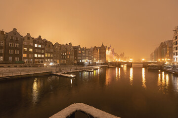 Gdansk in the evening with snow