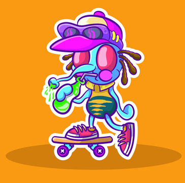 Old school mosquito with his skateboard and his soda bottle..eps
while enjoying his soda, this stylish mosquito rides his skateboard through the streets.