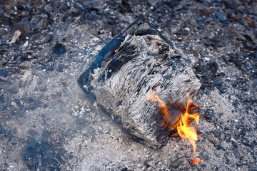 Book burning in bonfire, destruction by fire of books or other written materials, censorship concept. Burning of documents, forbidden knowledge