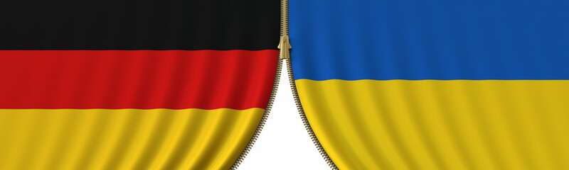 Germany and Ukraine cooperation or conflict, flags and closing or opening zipper between them. Conceptual 3D rendering
