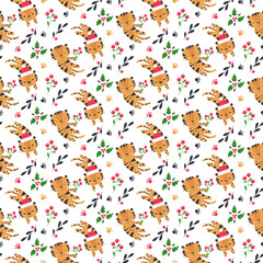 Seamless pattern with tiger - symbol of 2022 in cartoon style