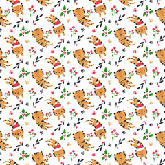Seamless pattern with tiger - symbol of 2022 in cartoon style