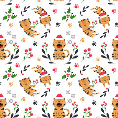 Seamless pattern with tiger - symbol of 2022 in cartoon style