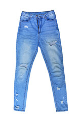Blue Jeans isolated on white background. Female denim clothing front - clipping path