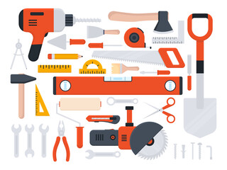 Naklejka premium Tools icon large set. Repair, building and work red instruments big collection in flat style. Vector isolated on white 