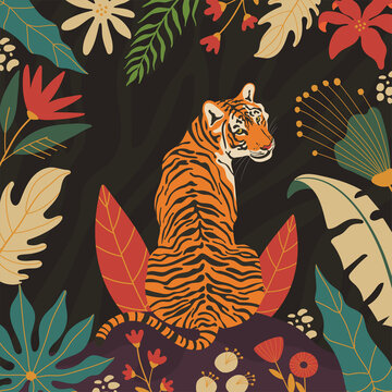 Tiger in the jungle card poster, hand drawn floral foliage illustrations.