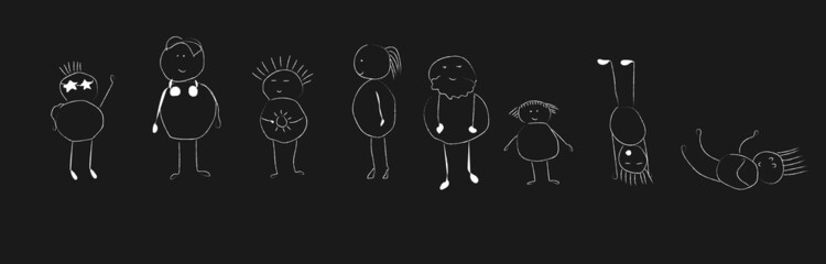 Round abstract comic Faces with various Emotions. Crayon drawing style. Different colorful characters. Cartoon style. Flat design. Hand drawn trendy Vector illustration