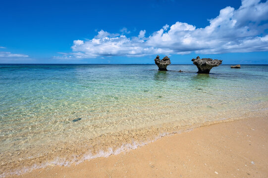 Heart Rock Beach, Kouri Island, Okinawa, Japan. Two rocks shaped like hearts by the ocean are a tourist attraction.