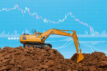 Excavator business  construction industrial concept ,With stock exchange market graph analysis...