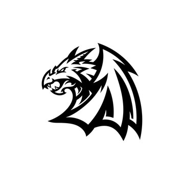 Winged Dragon illustration Logo Design in Black and White Color