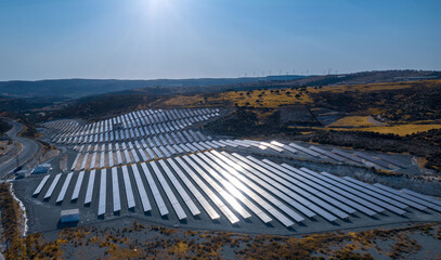 Solar electric farm with panels for producing clean ecologic energy in Pissouri, Cyprus