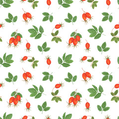 Red dog rose berries and leaves seamless pattern, hand painted watercolor illustration, simple repeat ornament for Thanksgiving, autumn holiday, harvest time decor, wrapping paper, fabric, textile