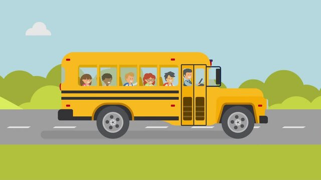 School bus with smiling pupils and driver in a road with mountains landscape background. Loop animation with alpha channel and chroma key
