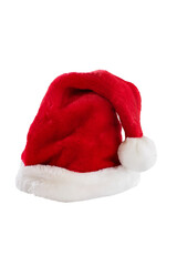 A red fur Santa Claus hat isolated on a white  background.