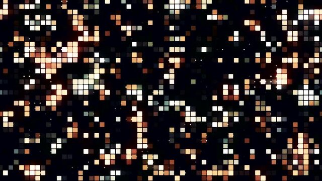 Abstract retro gaming background with blinking pixels, seamless loop. Motion. Schematic running snakes on a black backdrop.