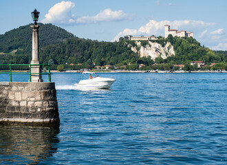 Angera's castle seen from Arona.Beautiful panorama of Maggiore lake, Piedmont, italian lakes, Italy.