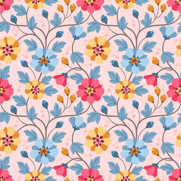 Abstract colorful flowers design seamless pattern. © teerawat