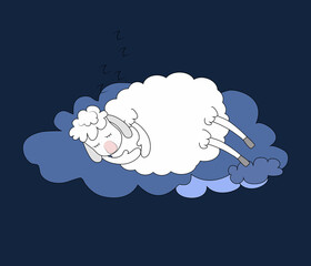 A lovely white lamb sleeps sweetly on a cloud in the sky. The concept of sweet dreams, relaxation, night rest, healthy sleep. Vector illustration in cartoon cheerful style on blue.