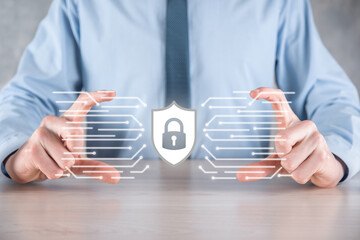 Cyber security network. Padlock icon and internet technology networking. Businessman protecting data personal information on tablet and virtual interface. Data protection privacy concept. GDPR. EU.